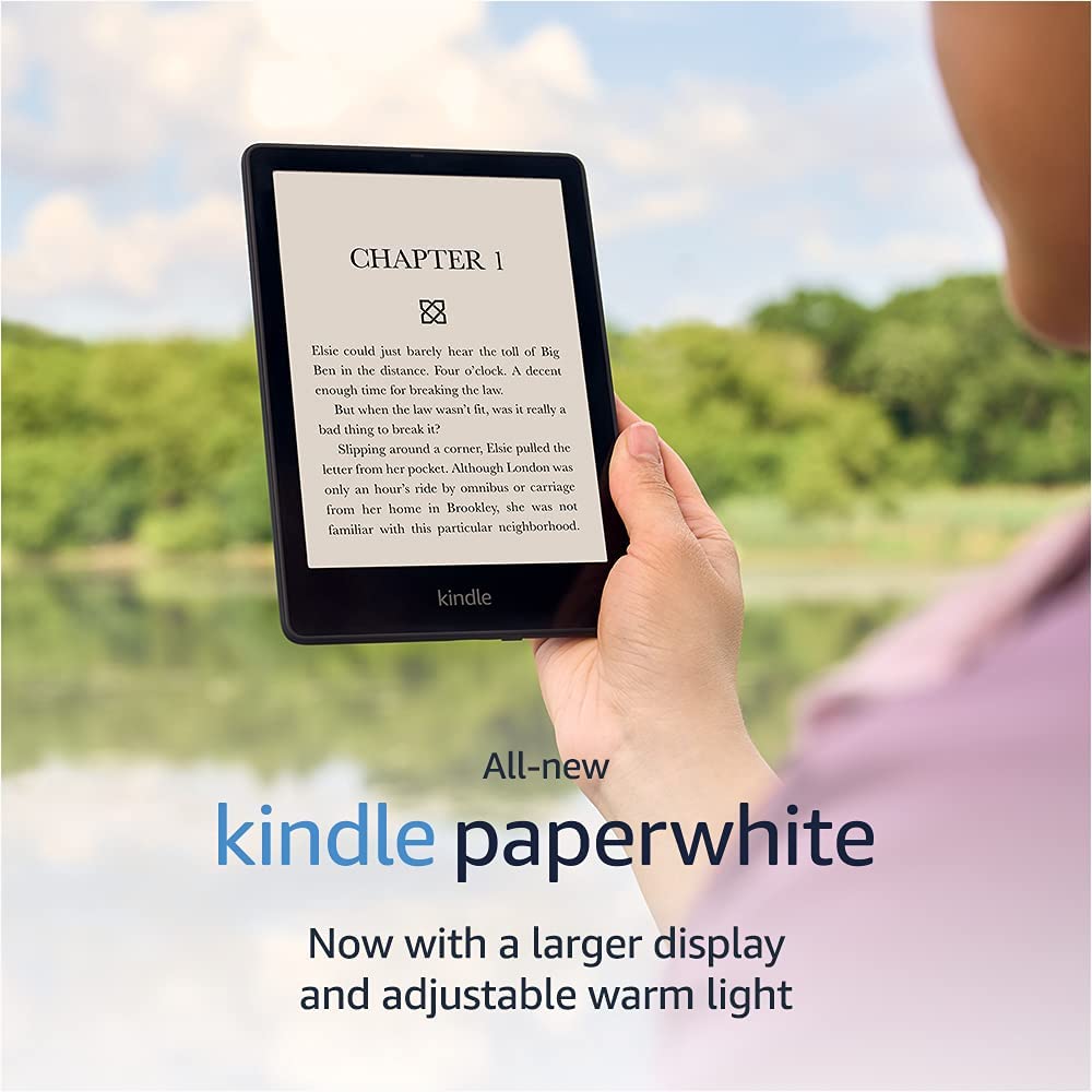 Image of a woman reading books using all-new amazon kindle paperwhite.