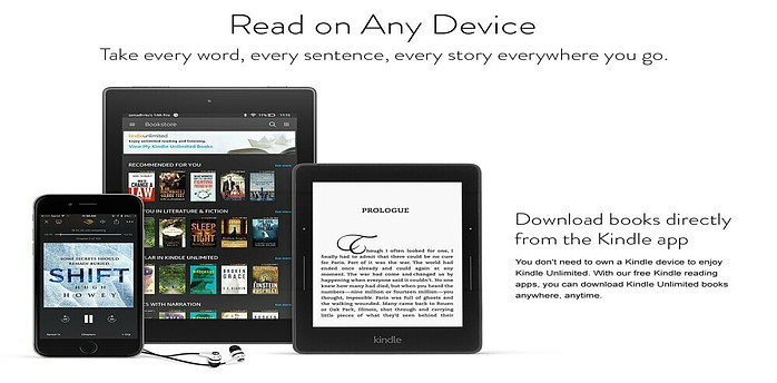 Alt Text: A person using a Kindle device to read a digital book. The Kindle Unlimited logo is visible on the screen, symbolizing access to a vast library of books, audiobooks, and magazines. The person is enjoying a flexible and immersive reading experience on various devices.