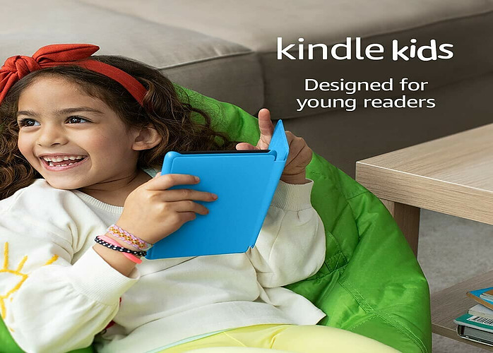 image of a girl happily ready ebook with her new kindle paperwhite kid with a beautiful blue cover.