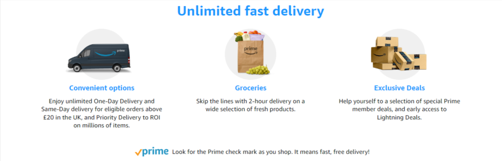Image of amazon prime captioned with unlimited fast delivery