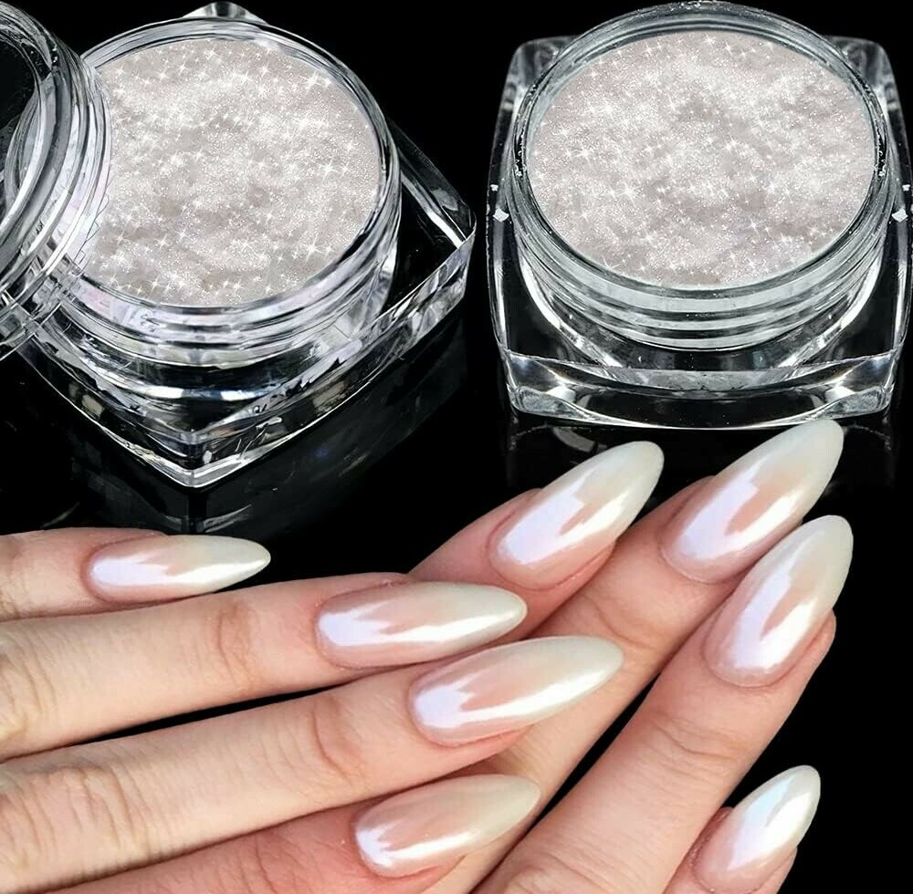 2 Boxes White Pearl Chrome Nail Powder - Transparent Clear Ice Shimmer Chrome Pigment Powder for Nails, Glazed Donut Inspired Nails Mirror Effect Glitters Nail Art Powder for DIY Salon